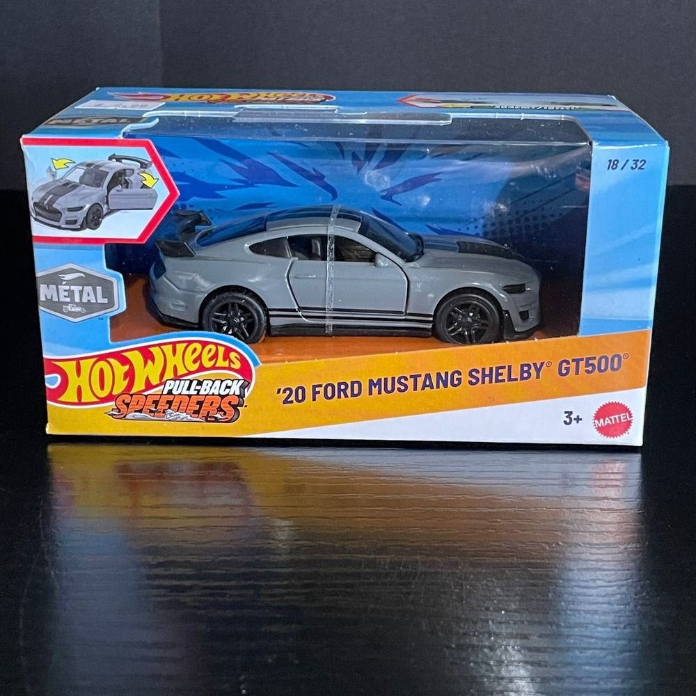 Hot Wheels Pull-Back Speeders '20 Ford Mustang Shelby GT500 Grey New 1:43 Metal